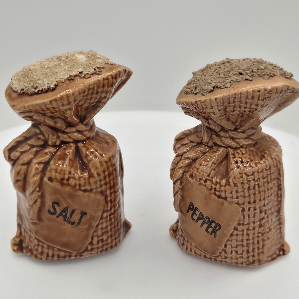 Vintage Lego Japan Burlap‎ Sack Salt and Pepper Shakers Ceramic Brown Farmhouse